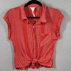 Harper Heritage Shirt Womens Medium Red White Tie Front Short Sleeve 100% Cotton